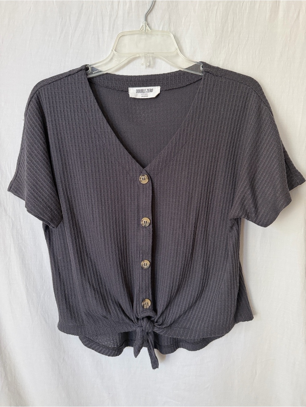 Waffle Knit Button Front Tie Hem Top Charcoal
